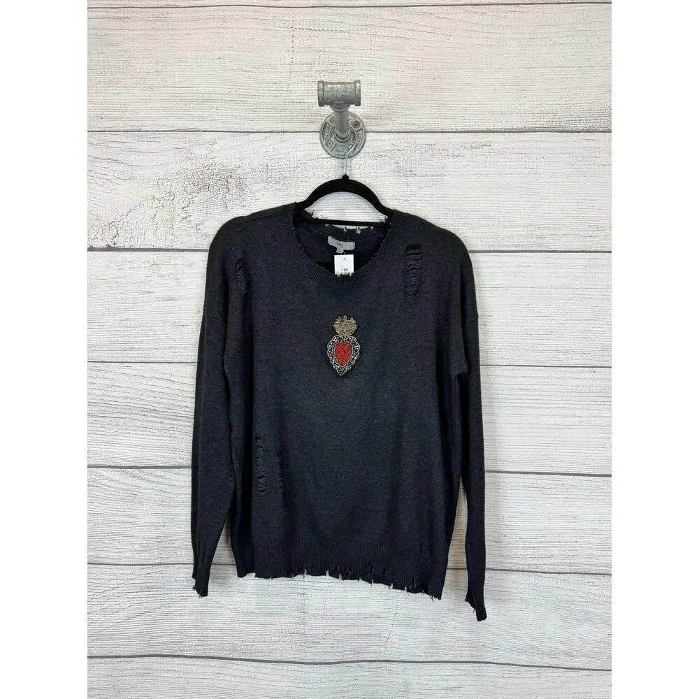 Fate Women's Gray Distressed Beaded Graphic Long Sleeve Sweater Size Small